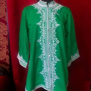 Vintage Green Tunic Top White Embroidery